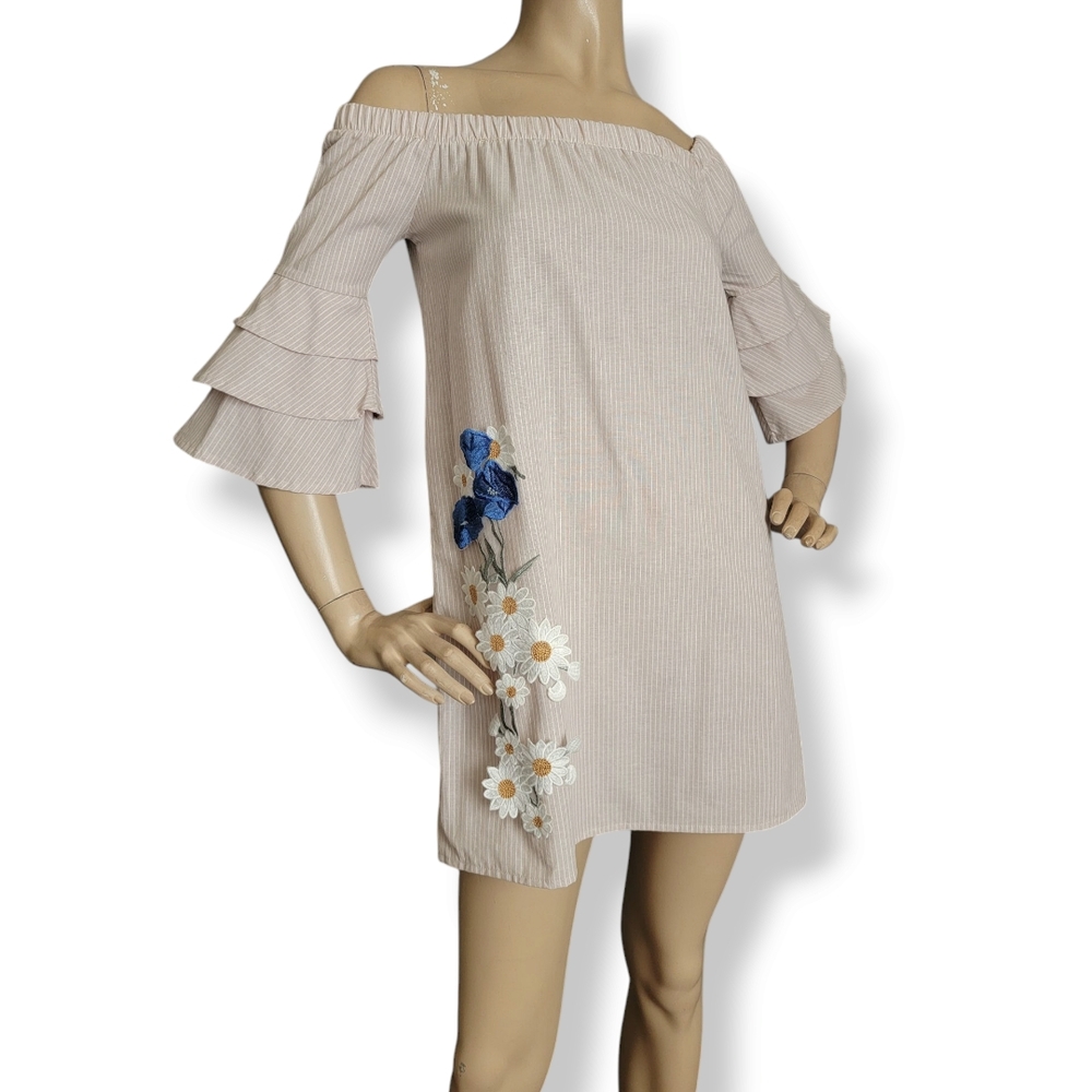 Cream & White Striped Off-Shoulder Floral Embroidered Bell Sleeve Dress